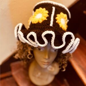 Brown and White Theatrical Hat with Floral Accents